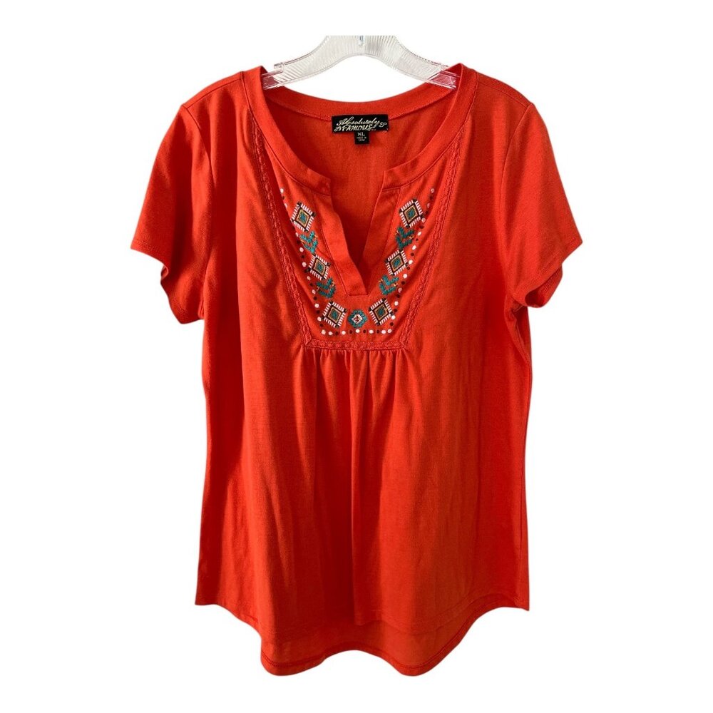 Absolutely Famous Embroidered Boho Top XL Orange Short Sleeve
